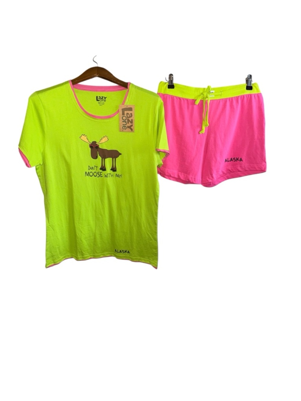 Lazy Zone Neon Moose Summer Pajama Set Lime Green & Pink NWT Large Top XS Shorts